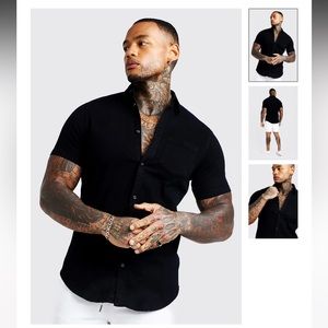 BoohooMAN Black Denim Button Down Shirt Size Large NWT